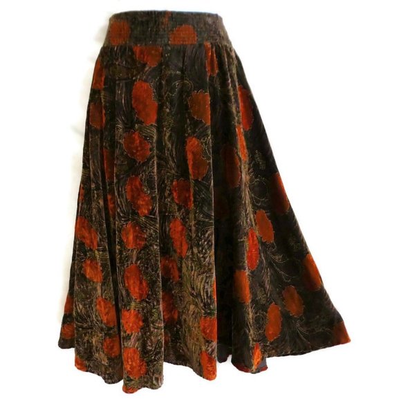 Vintage Dresses & Skirts - Vintage Chaus Skirt Full Brocade Velvet Lurex Smocked Waistband XL
